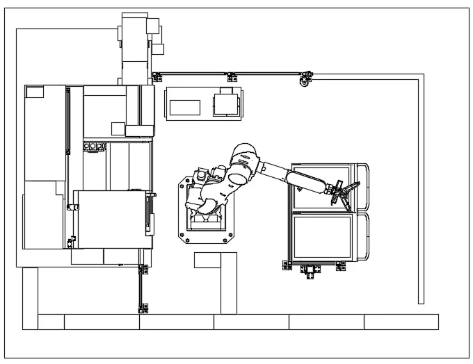 Layout with an angled robot base, carts, lathe and marking